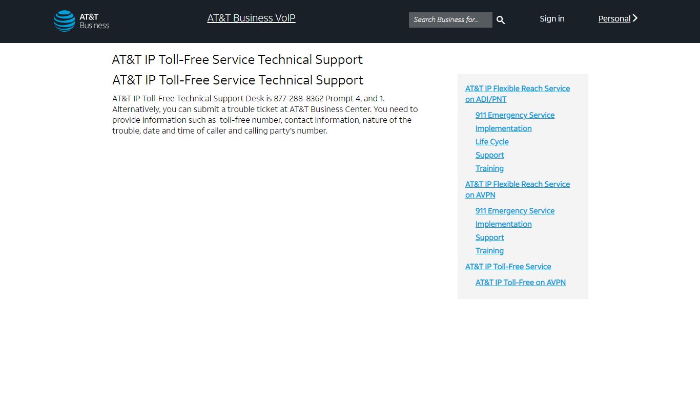 AT&T IP Toll-Free Service Technical Support
